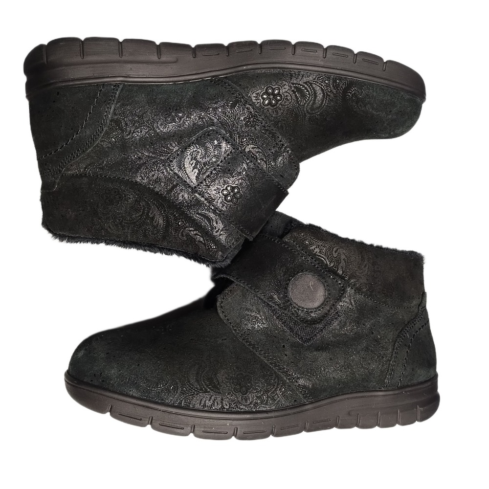 Cosyfeet Martha Ankle Boots Womens 8.5 Black Paisley Faux Fur Lined Hook & Loop